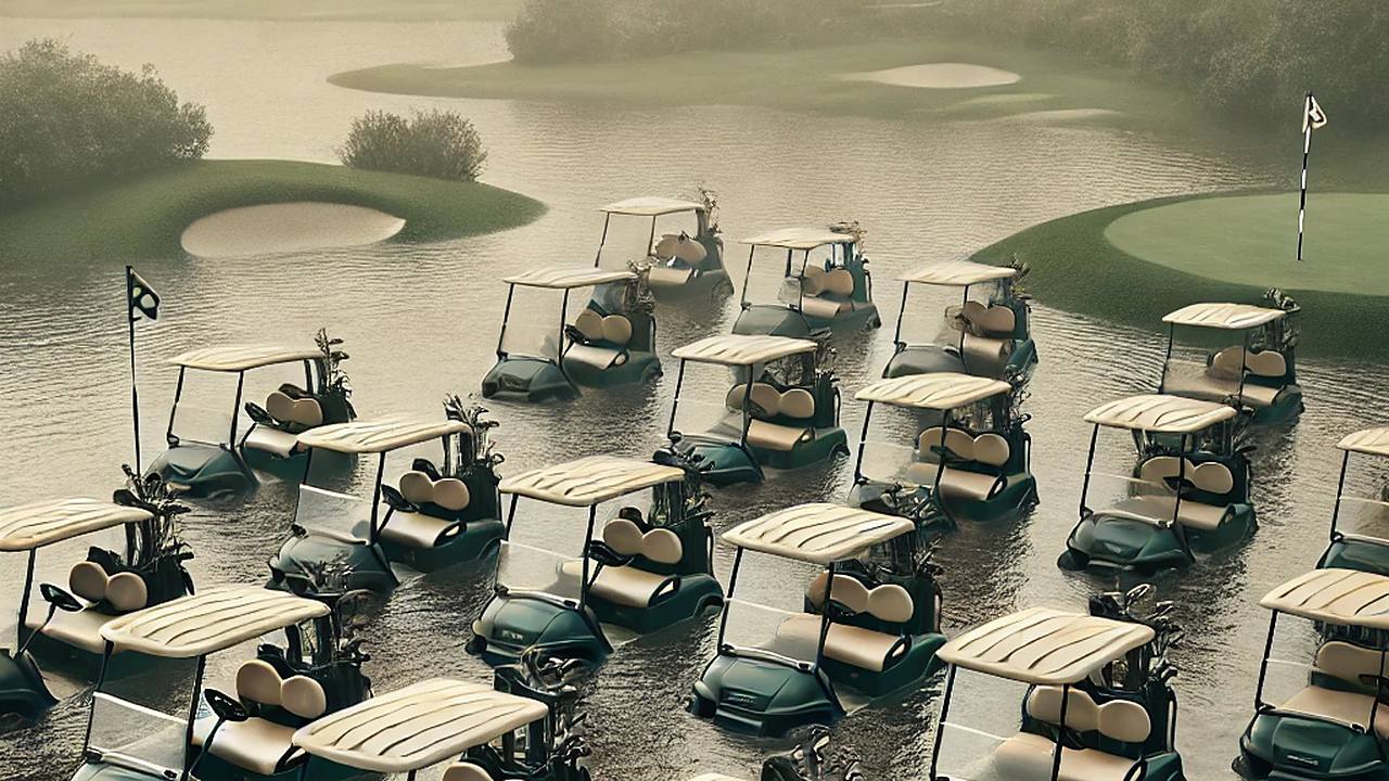 Golf carts sitting in floodwater on a golf course after a hurricane